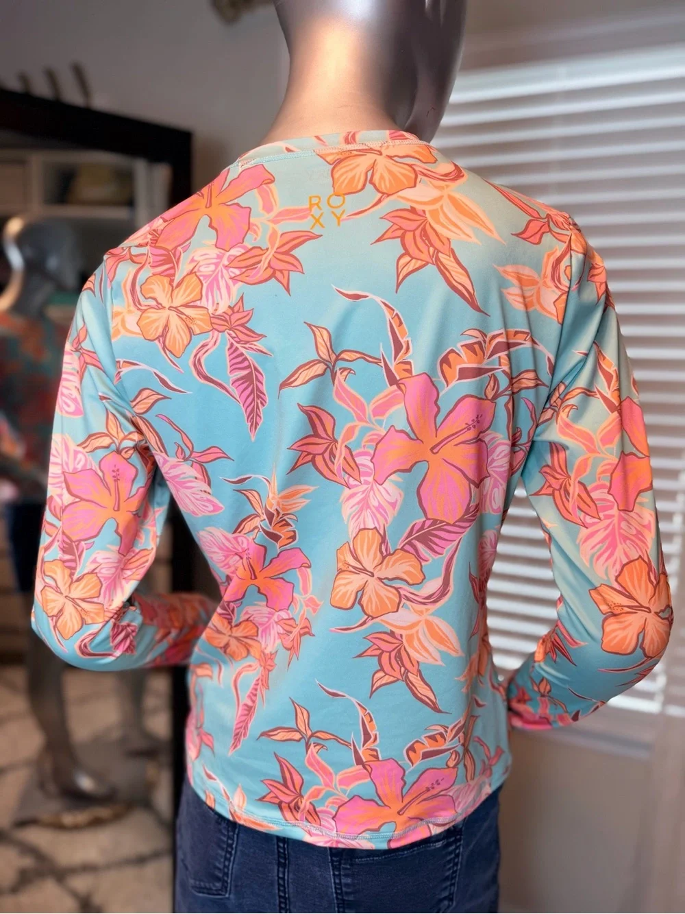 Roxy Tropical Floral Rash Guard Swim Top Medium Aqua Pink UPF Teal Coral Beach - Picture 4 of 9